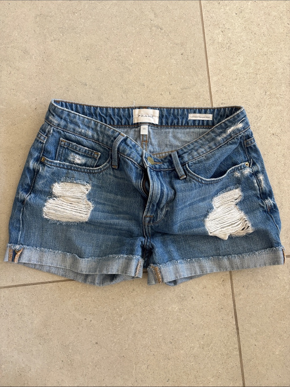 FRAME Distressed Denim Shorts Size 25 Blue Cuffed Jean Shorts